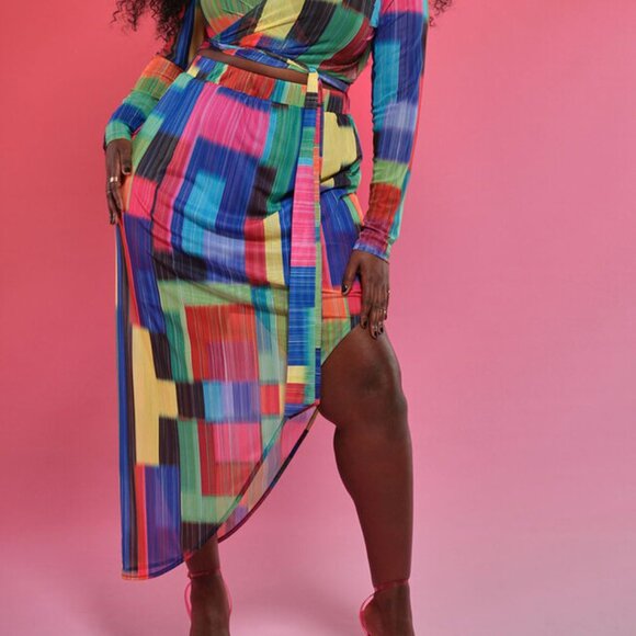 NWT Eloquii Colorful Asymmetric Curved Stretch Pull-On Midi Skirt 26/28 - Picture 2 of 16